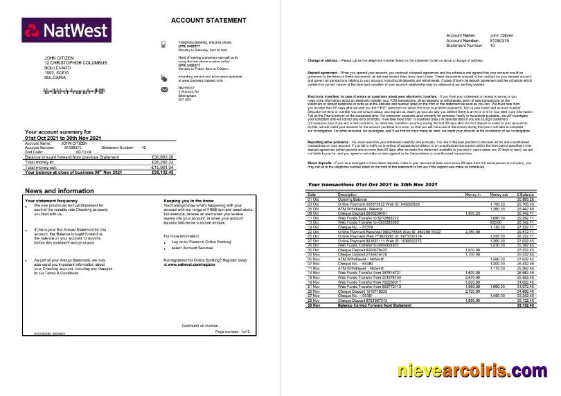 United Kingdom NatWest bank account statement in Word and PDF format, 2 pages